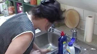 Old shriveled cleaning lady fucked on the stove