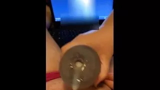 Wife milking impotent husband with fake pussy while watching interracial porn