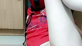 The guy plays with a dildo and pees