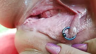 Cum flows out of my pussy after fucking on the lake