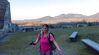 Caught! recognized by strangers while hiking in the mountains! Now I'm already fucking in a castle!