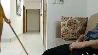 18 years old CFNM, Old man self hand job watching young and sexy cleaning lady