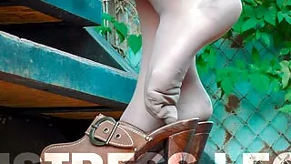 MILF Goddess feet In dirty pantyhose and clogs outside teasing