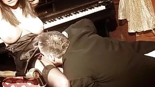 Two busty piano players having foursome sex with two guys