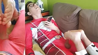 The red ranger gets a footjob, the blue ranger gets a sockjob in white Nike socks