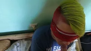Blindfolded blowjob with cum clean up from her hand