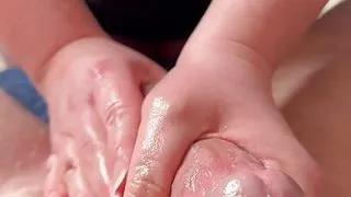 Rubbing his cock from limp to tons of cum all over my hands