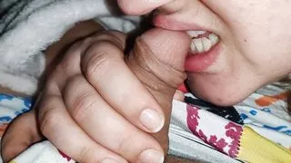 Sucker wife sucks cock biting it, and then gives herself to her pussy