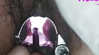look inside my pussy, while I have a metal vaginal speculum