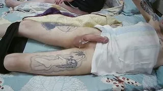 mother-in-law jerks off my dick and watches the sperm flow from the penis