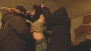 A group of hard dicks playing with a horny babe from France in the basement