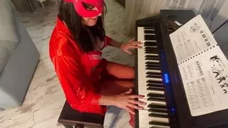 Hot step-mom feeding her ass and pussy with piano teacher