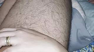 Step mom pulled down blanket and handjob step son dick