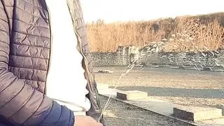 Outdoor jerking and pissing (uncut hairy cock)