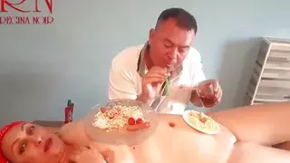 Naked Waitress. Restaurant Guest Eats From the Waitress's Navel. C1