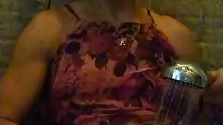 Blonde transgirl in shower wet in clothes masturbate and cum. Wetlook in red rose dress.