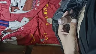 Wearing leather pants, jerking off