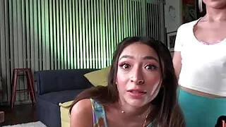 Petite 21yo POV amateurs deepthroat and ride cock in 3some