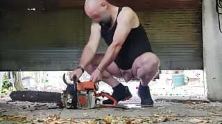 Perverted Daddy pissing naked in garage