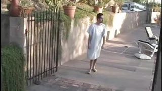 Hot nurse in white stockings rides patient dude outdoors