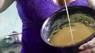 Chubby stepmom making cake without panties