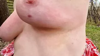 In front of the bench in the woods her tits pounded hard