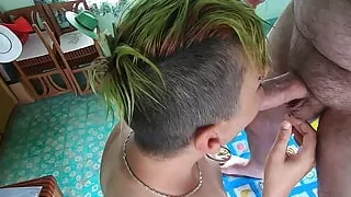 Cock sucking with cum swallow, standing on table