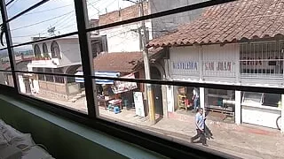 Morning cum swallow right next to the street window