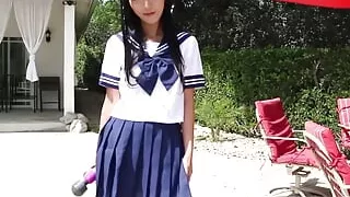 Schoolgirl Marica walks through the house before