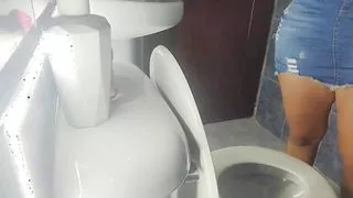 Stepsister Trapped in Public Toilet with Skirt and Sheer