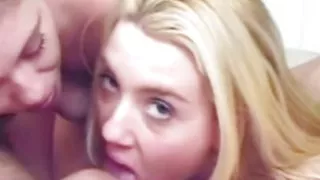Two hot blondes are licking each pussy while sucking a small cock on the side