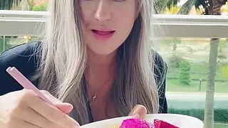 Me- Sexy Beauty Girl Model. Chopsticks and Exotic Fruits