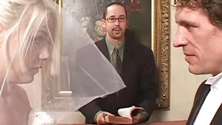 Blindfolded bride gets surprised by two hard cocks at once