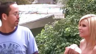 Nerdy dude gets lucky with a blonde bombshell who loves to suck