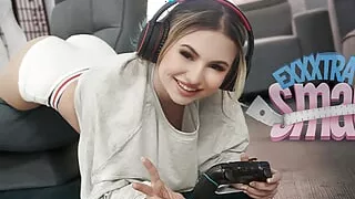 Miniature And Petite Cutie Aria Banks Caught Her Tall Stepbro Chris Jerking Off In His Room