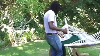 Horny black babe warms up by masturbating then gets fucked by black hunk