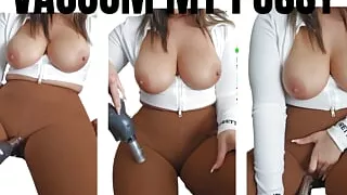 Big Boob MILF Teacher in leggings suctions her legging covered pussy with a vacuum