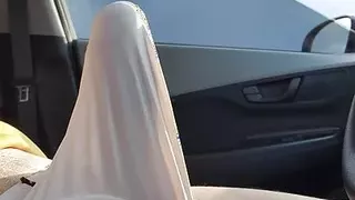 Big balls and stroking hard and thick mushroom tipped veiny cock in a g-string in car