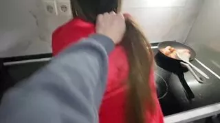 Fucking my stepsister in the kitchen while she cooks dinner for me