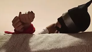 Bound and Hooded in a Bed I Have My Mouth Fucked. Ring Gag, Lot of Spit and Huge Oral Creampie