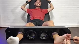 Hunk Matt Dimitri endures tickles cock strokes while tied up