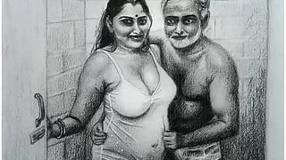 Erotic Art Or Drawing Sexy Desi Indian Woman inside Bathroom with Father In Law