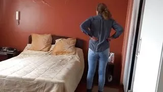 My friend's stepson jerks off looking at how I dress and I start to get excited when I see his big cock