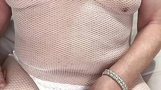 Mature Tvrose Crossdresser White Body Stocking Teasing Pert Nipples And Girly Cock
