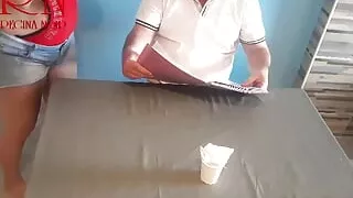 Naked waitress. Restaurant guest eats from the waitress's navel. c1 short