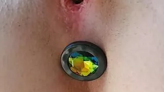 Wet pussy closeup anal plug passionate orgasm