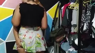 While the maid is tidying up her clothes I surprise her from behind and suck her anus