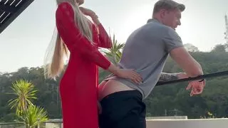 Tall Asian blonde Ladyboy dominates and fuck with pornstar Magic Michel outdoor