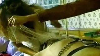 The guy getting tied up and punished by femdom girls