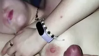 Creampie her 2 times and cum on her lips and on her nipples